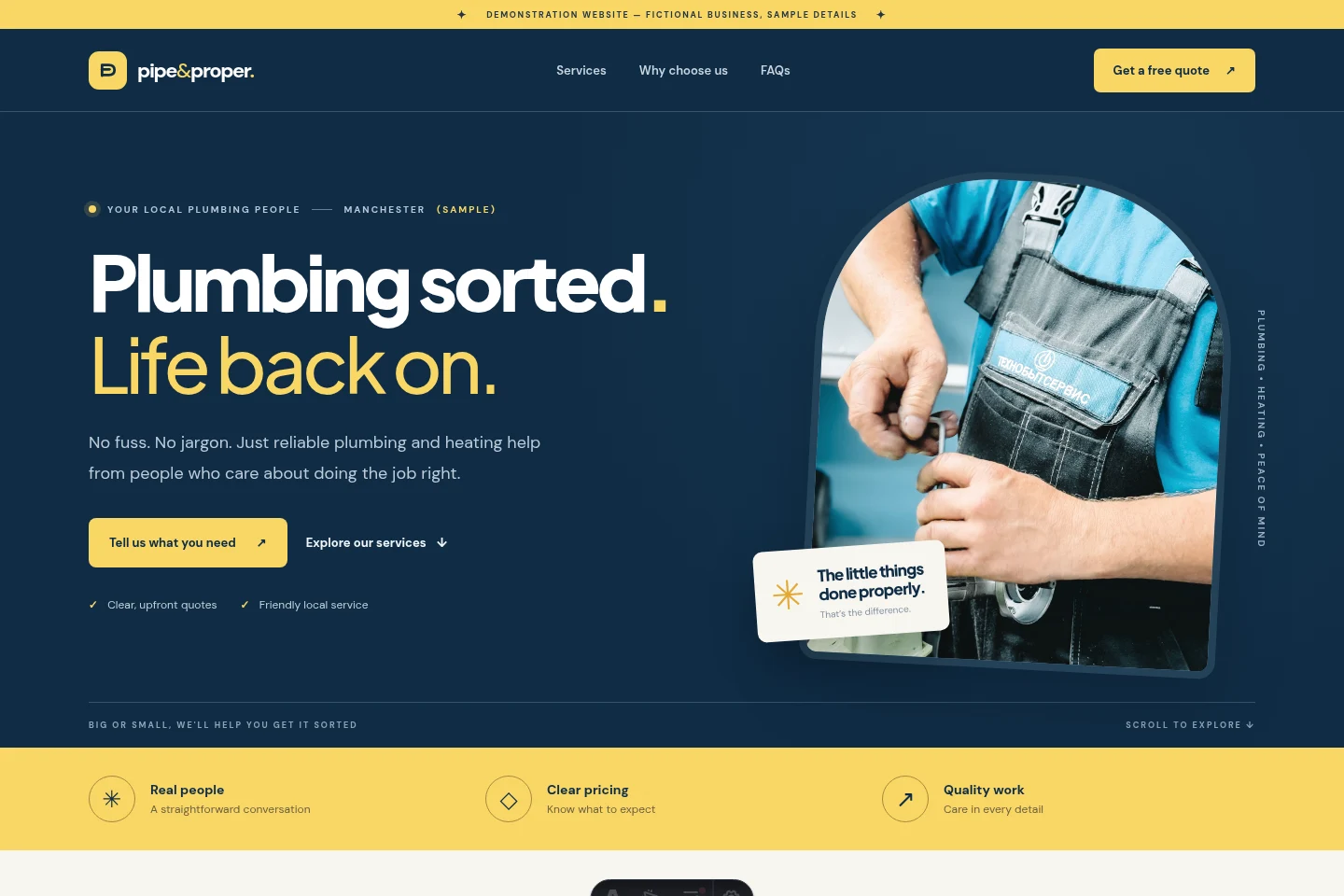 Pipe and Proper website concept preview, showing its navy and yellow design